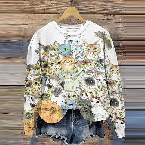 Funny Sketch Cat Art Print Casual Sweatshirt