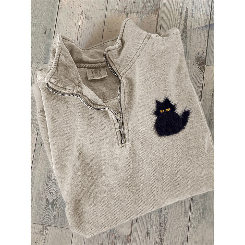 Fuzzy Black Cat Embroidery Art Zip Up Sweatshirt
