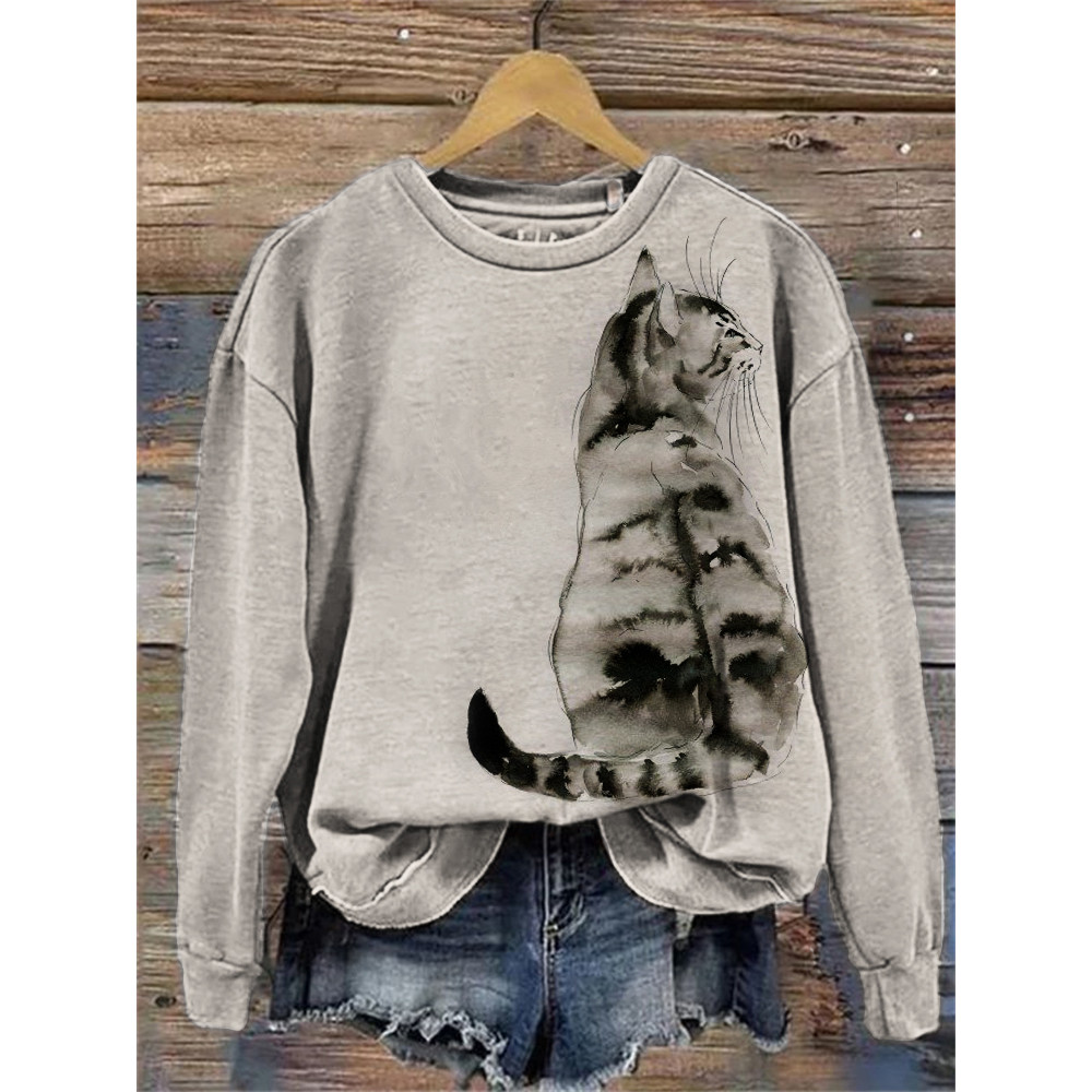 Fuzzy Cat Back View Watercolor Art Sweatshirt