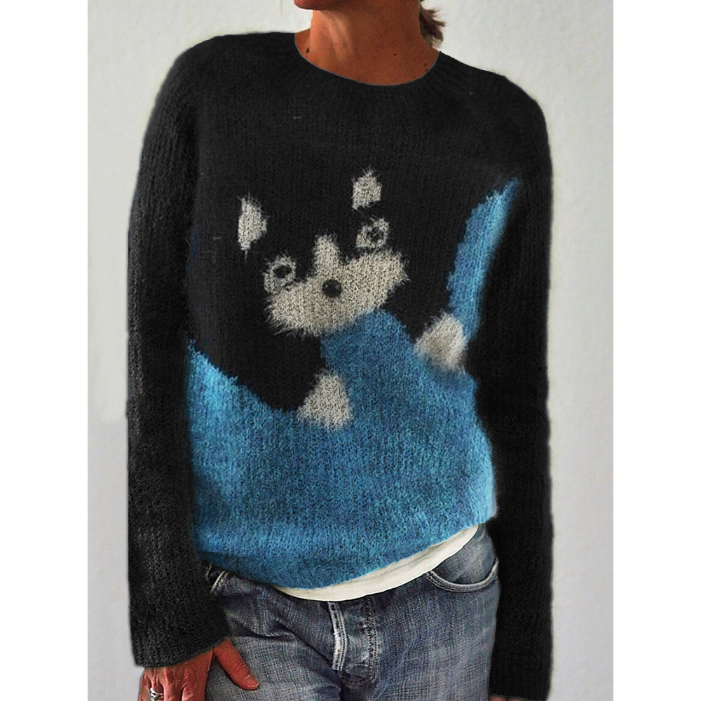 Fuzzy Cat Knit Contrast Color Cozy Sweater