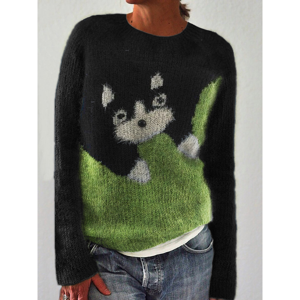 Fuzzy Cat Knit Contrast Color Cozy Sweater