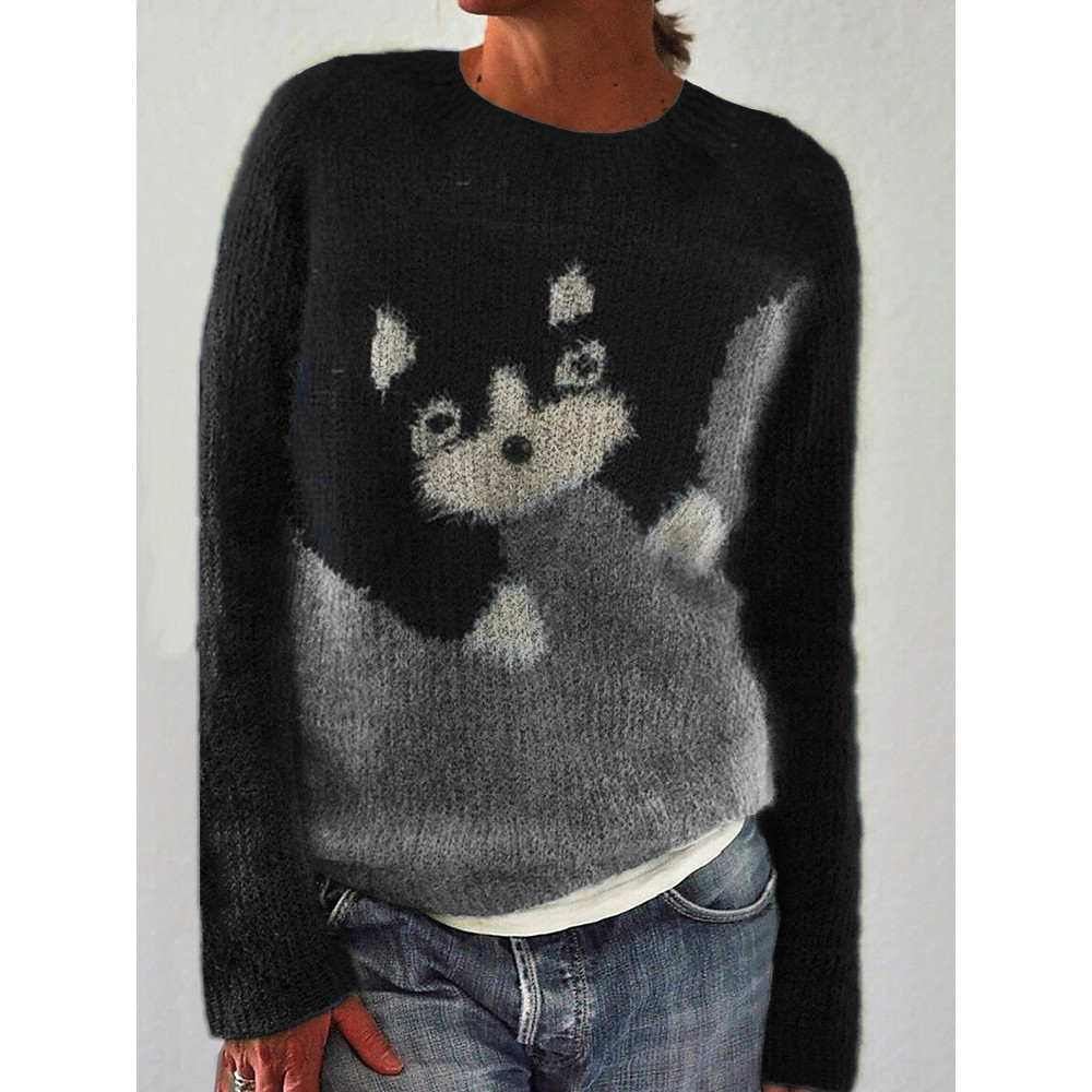 Fuzzy Cat Knit Contrast Color Cozy Sweater