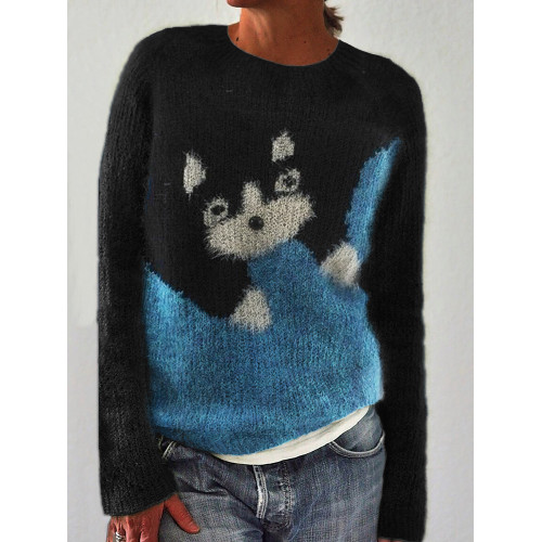 Fuzzy Cat Knit Contrast Color Cozy Sweater
