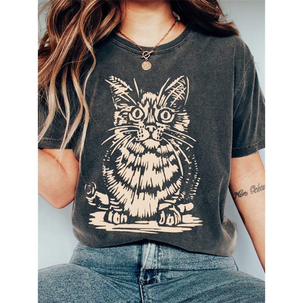 Fuzzy Cat Lino Art Vintage Washed T Shirt
