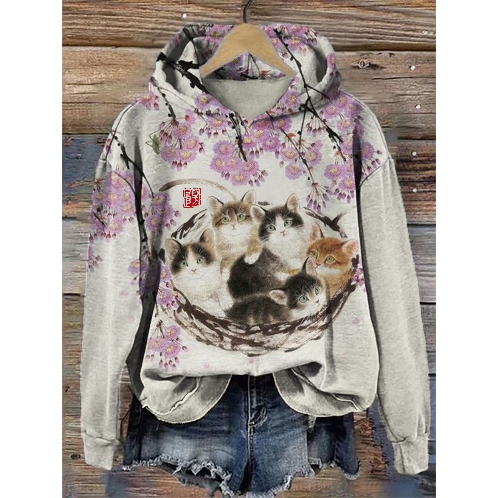Fuzzy Cat Under Floral Tree Art Cozy Hoodie