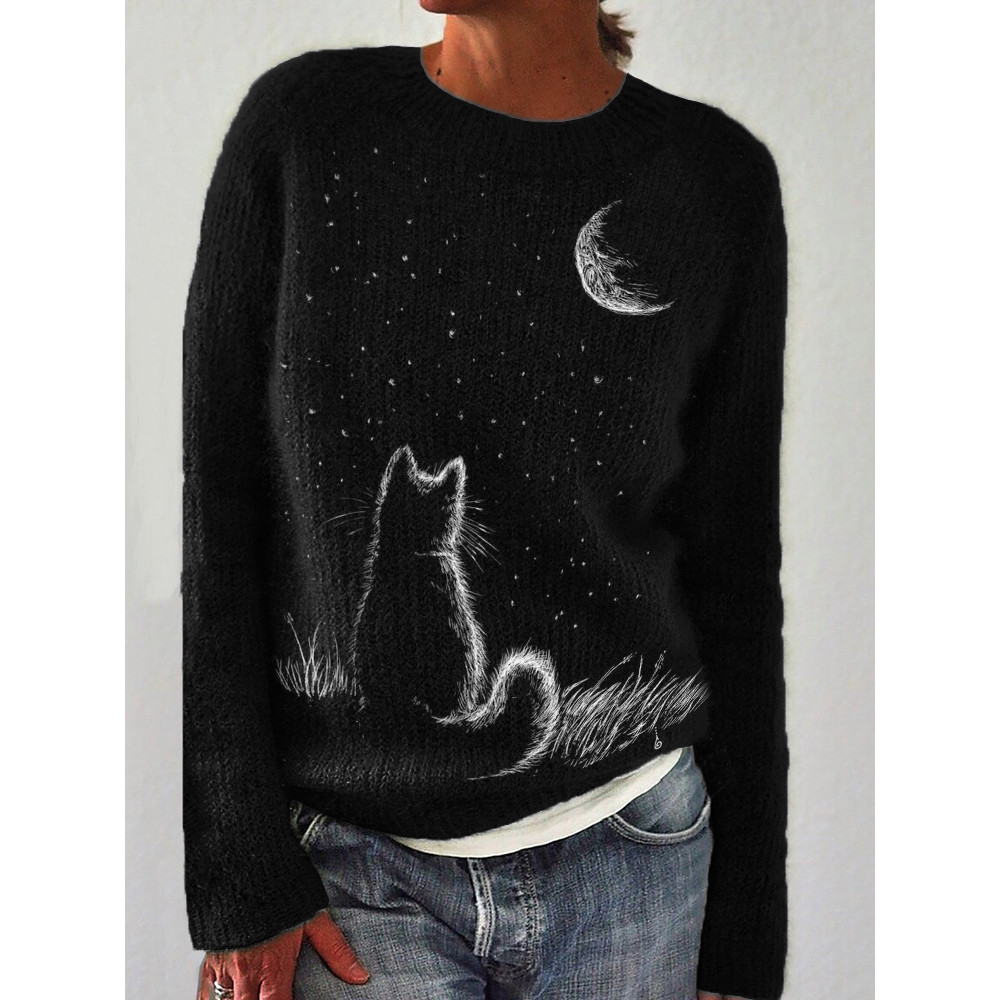 Fuzzy Cat Watching Moon Art Cozy Sweater