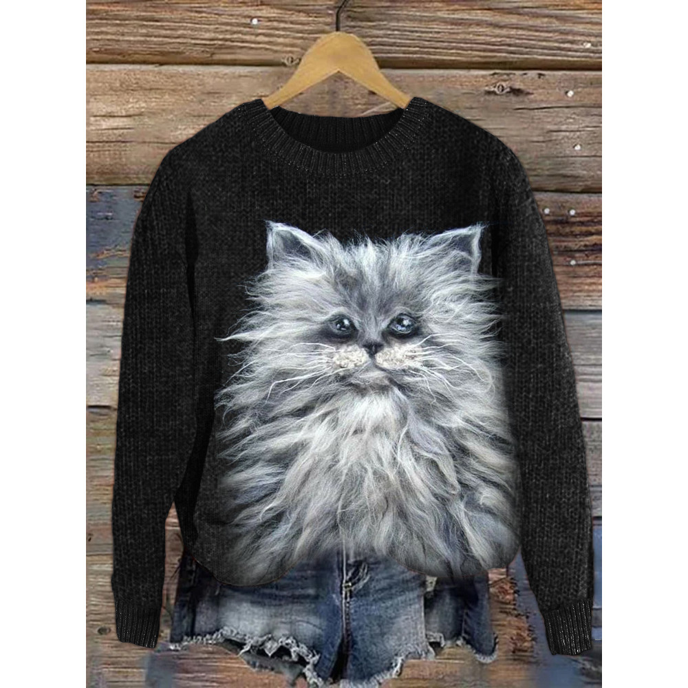 Fuzzy Cat Wool Art Cozy Knit Sweater