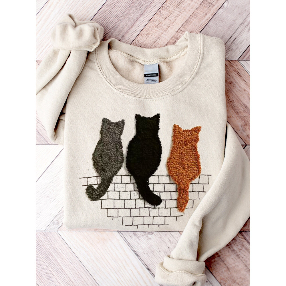 Fuzzy Cats Back View Embroidery Art Sweatshirt