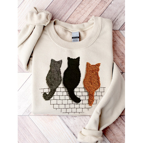 Fuzzy Cats Back View Embroidery Art Sweatshirt