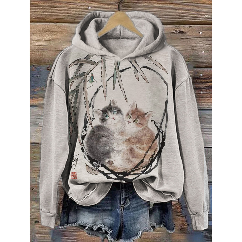 Fuzzy Cats in Basket Asian Art Cozy Hoodie