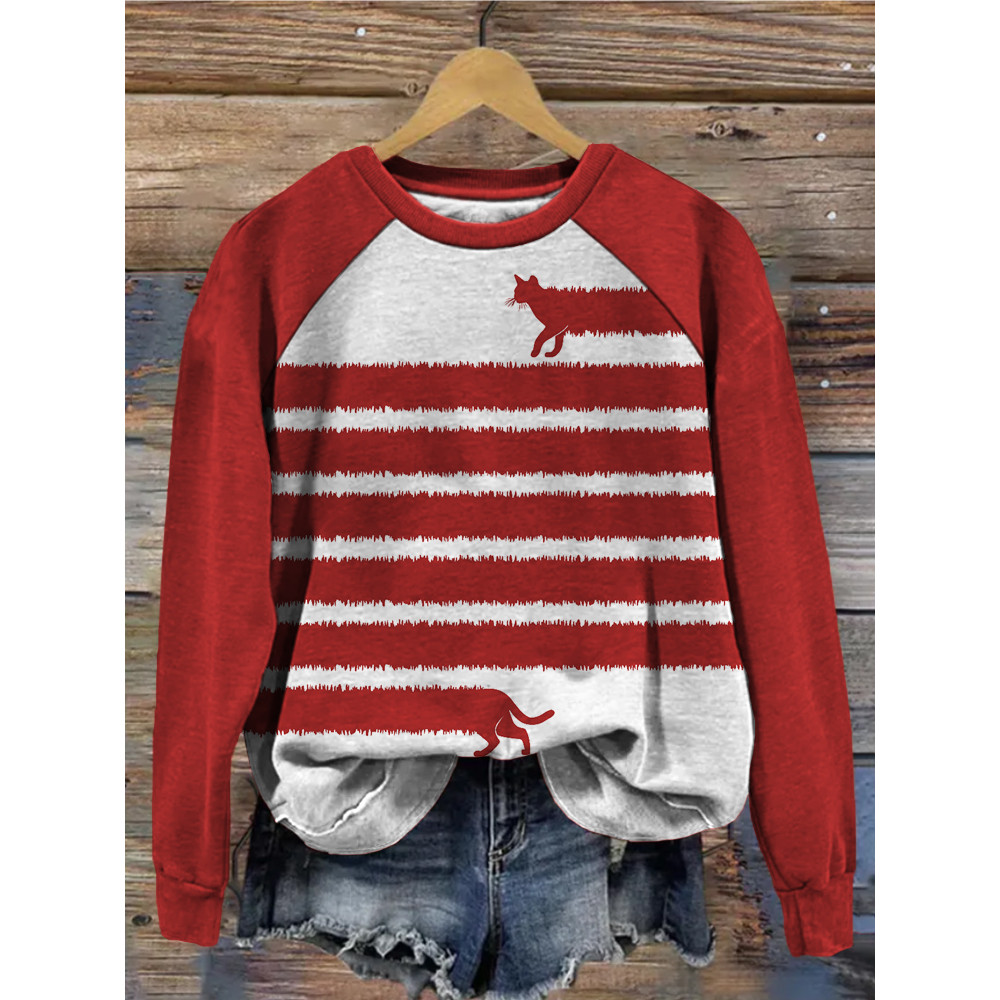 Fuzzy Long Cat Contrast Sleeve Comfy Sweatshirt