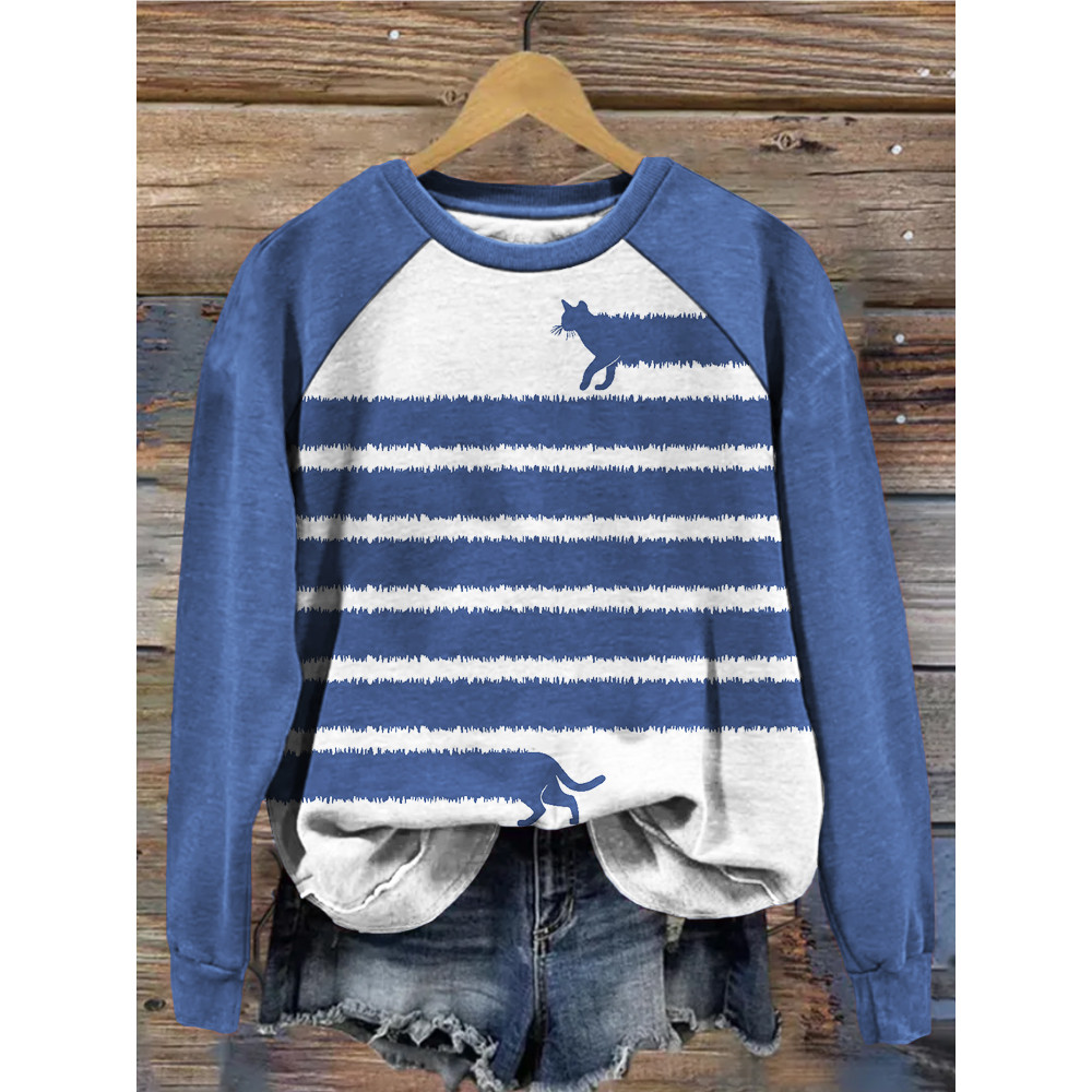 Fuzzy Long Cat Contrast Sleeve Comfy Sweatshirt