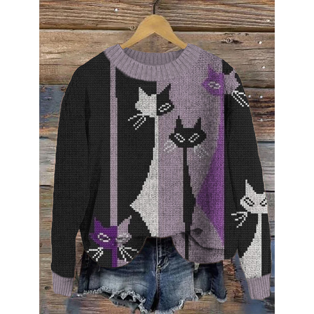 Geometric Cat Knit Art Crew Neck Sweater