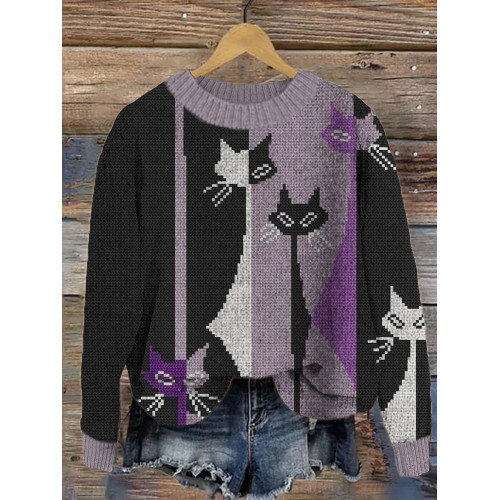 Geometric Cat Knit Art Crew Neck Sweater