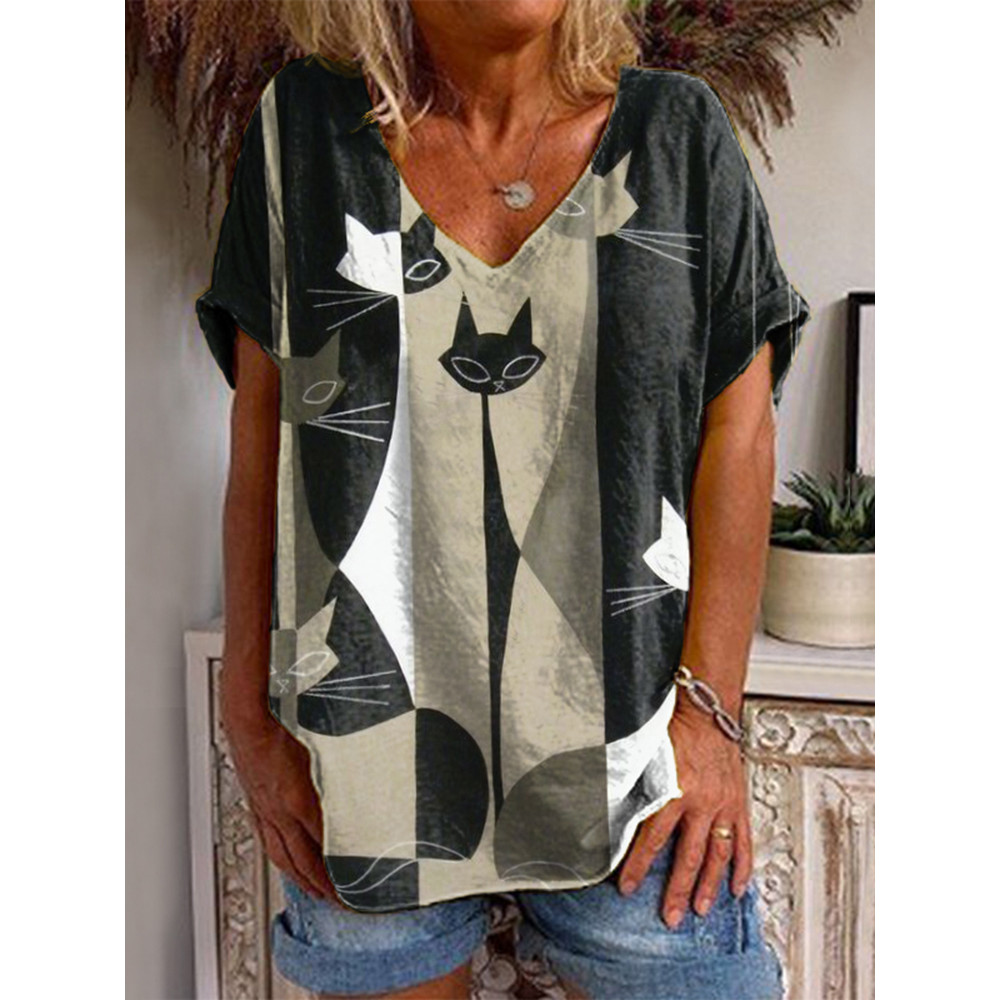 Geometric Cat V-Neck T-Shirt