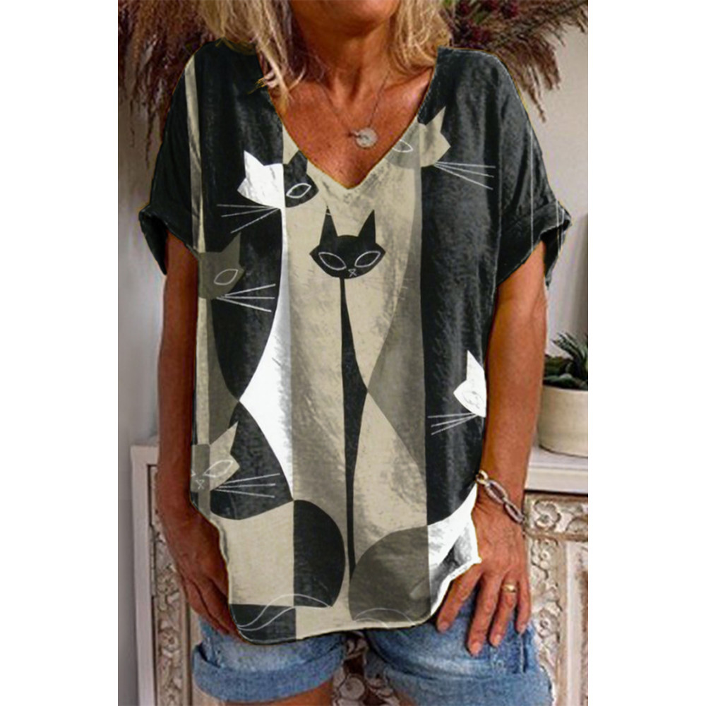 Geometric Cat V-Neck T-Shirt
