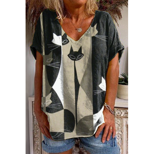 Geometric Cat V-Neck T-Shirt