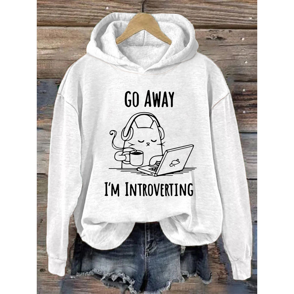 Go Away I'm Introverting Funny Cat Print Cotton Cozy Hoodie