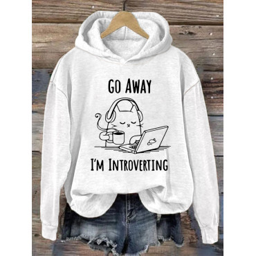 Go Away I'm Introverting Funny Cat Print Cotton Cozy Hoodie