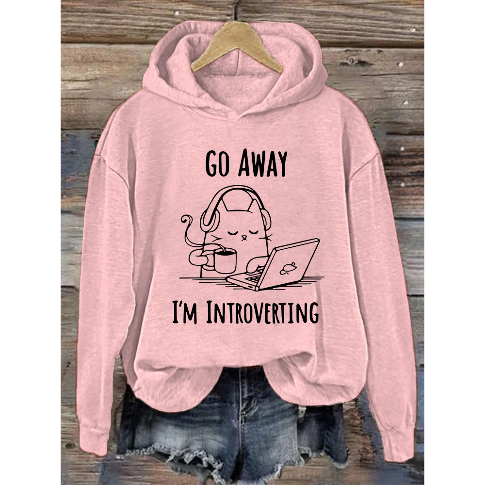 Go Away I'm Introverting Funny Cat Print Cotton Cozy Hoodie