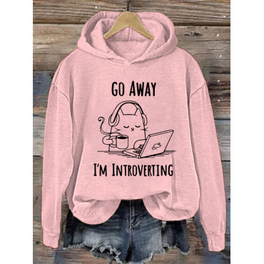 Go Away I'm Introverting Funny Cat Print Cotton Cozy Hoodie