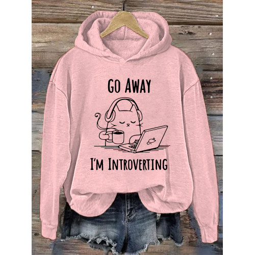 Go Away I'm Introverting Funny Cat Print Cotton Cozy Hoodie