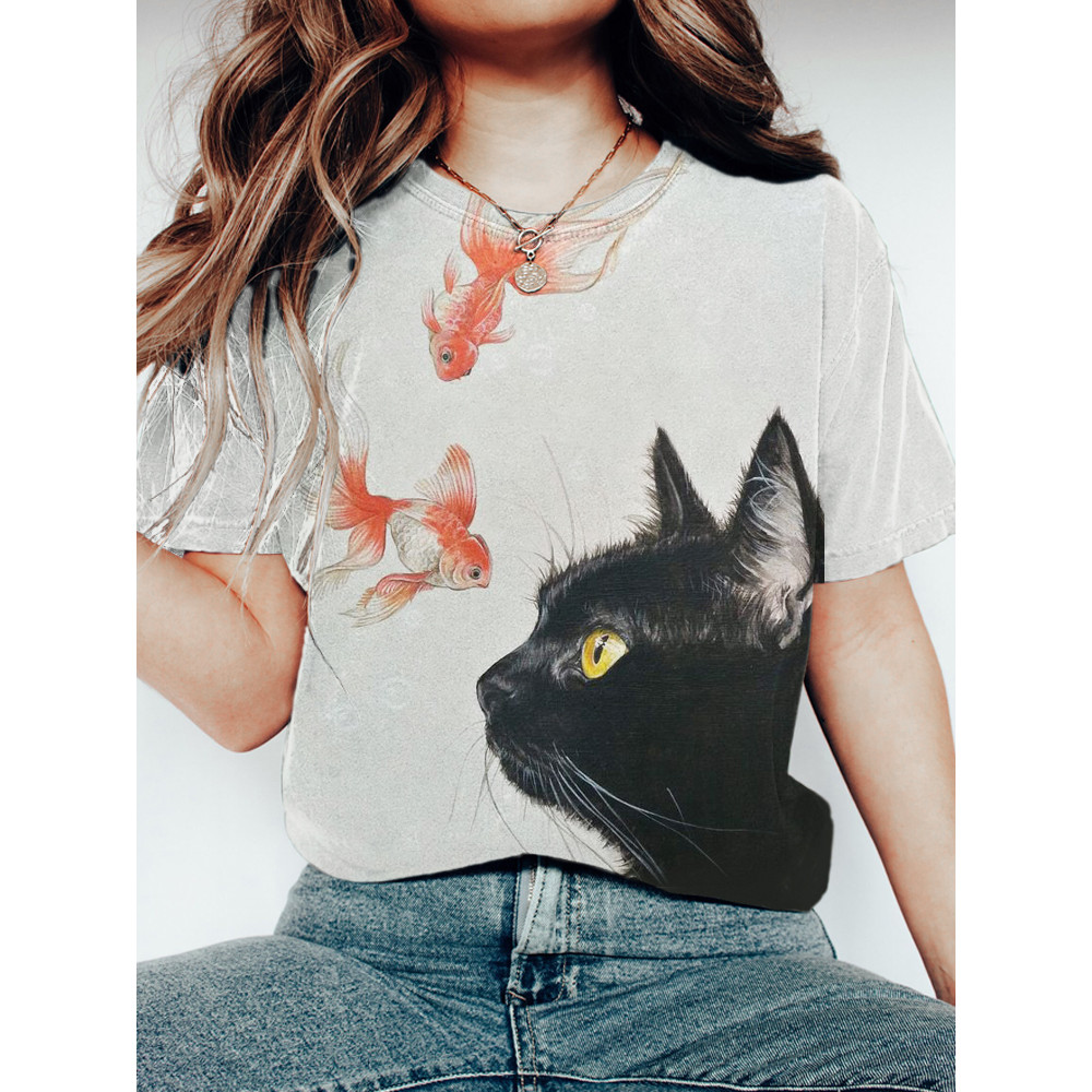 Goldfish & Cat Print Short Sleeve T-Shirt