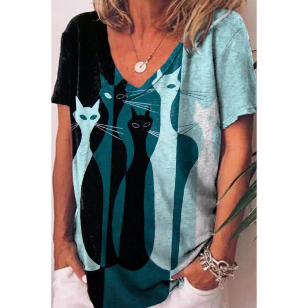Gradient Color Block Cat Print Casual T-Shirt