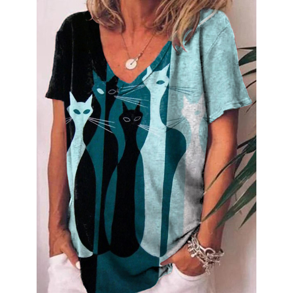 Gradient Color Block Cat Print Casual T-Shirt