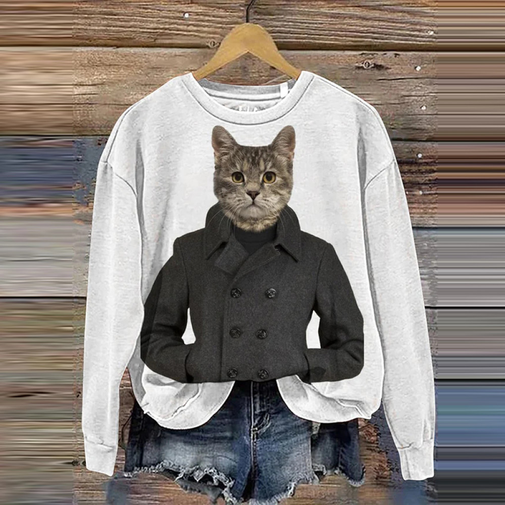 Gray Coat Cat Casual Print Sweatshirt