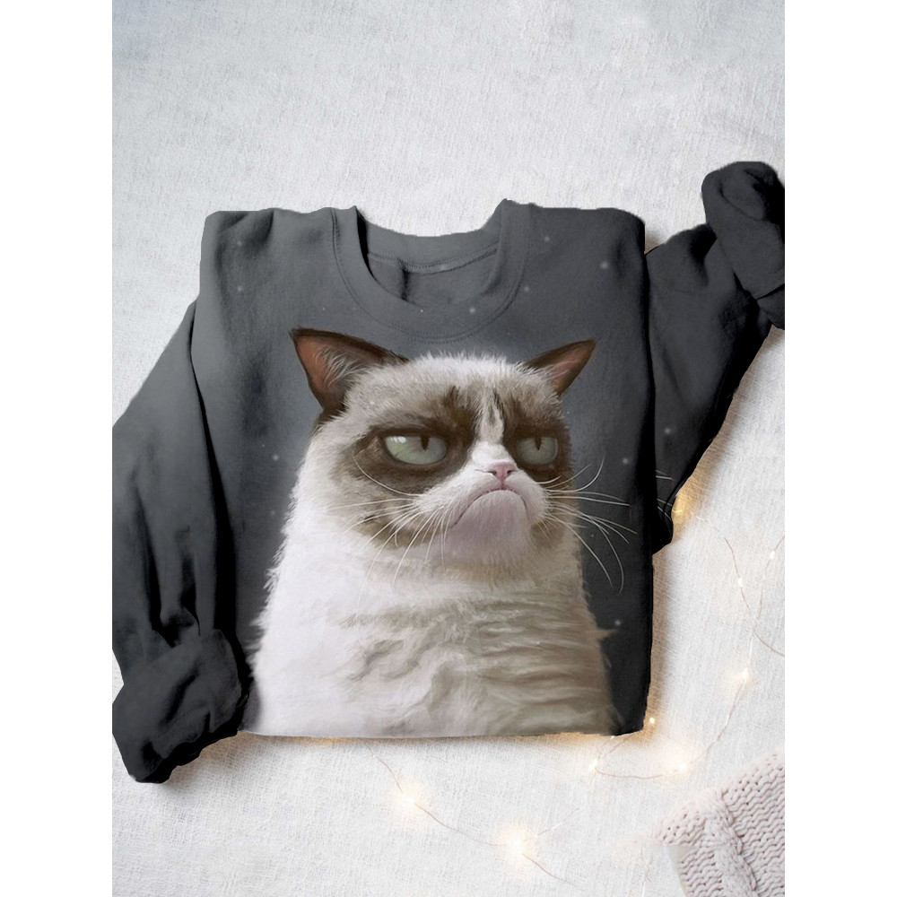 Grumpy Cat Pattern Crew Neck Comfy Sweatshirt