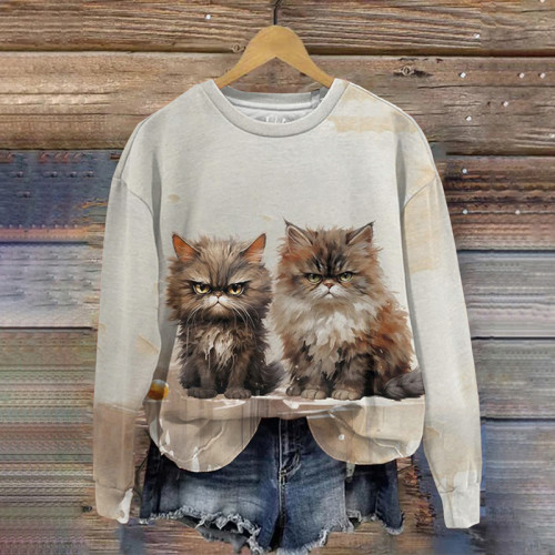 Grumpy Cat Print Crew Neck Sweatshirt