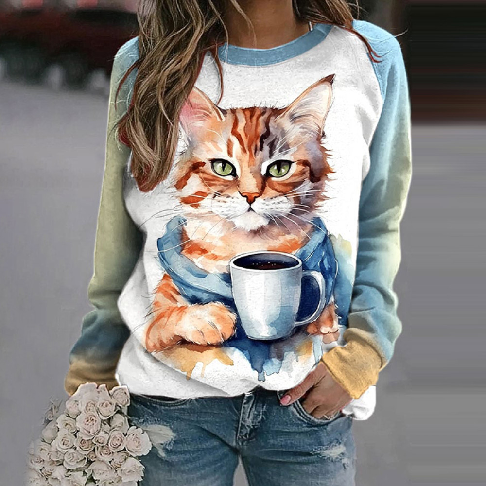 Grumpy Moring Coffee Cat Print Sweatshirt