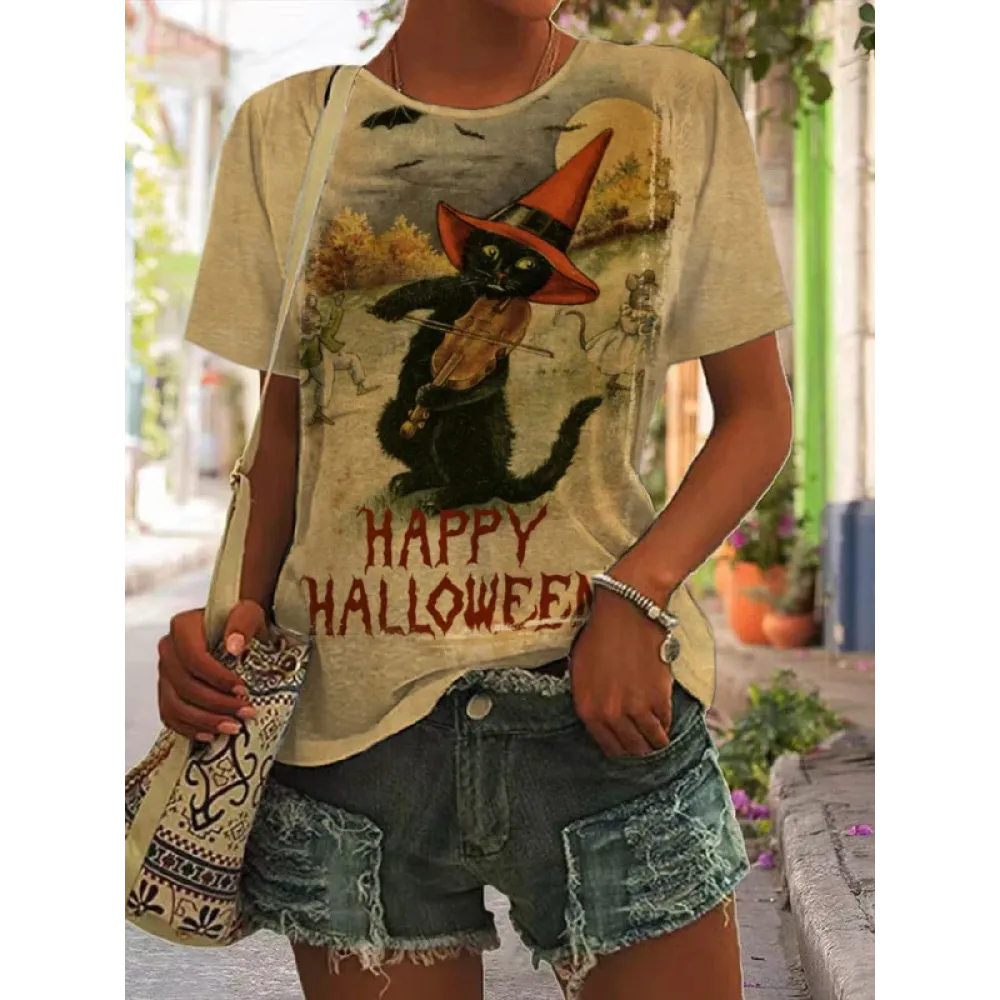 Halloween Black Cat Print Casual T Shirt