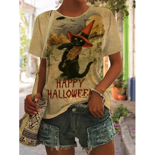 Halloween Black Cat Print Casual T Shirt