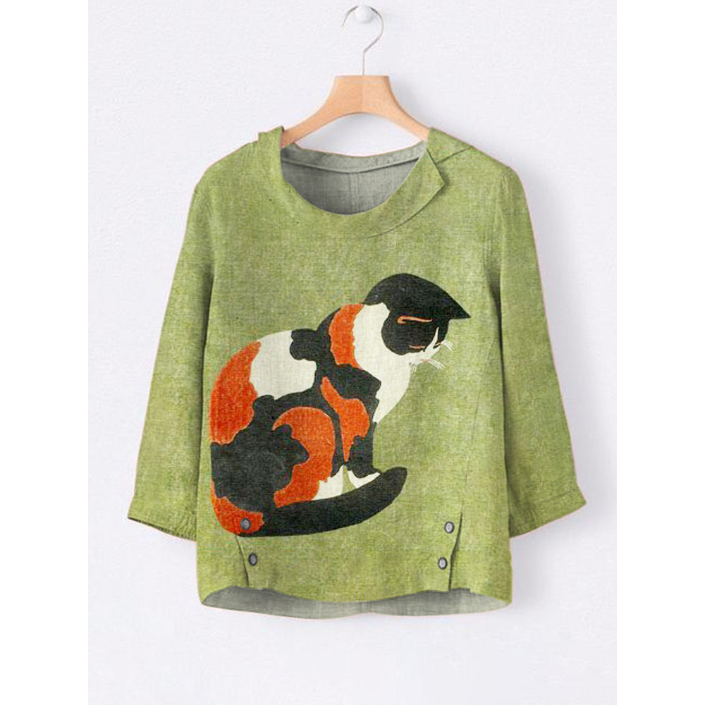 Hana Cat Japanese Art Linen Lapel Shirt