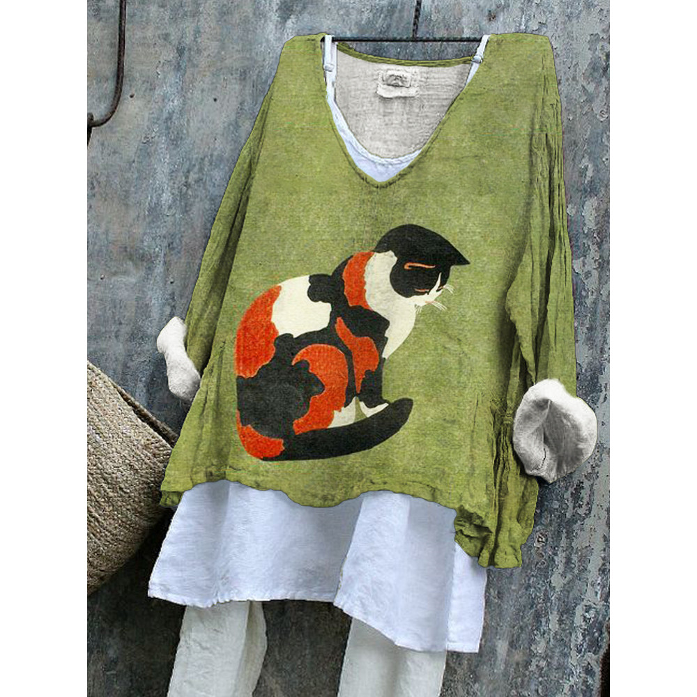Hana Cat Japanese Art V-Neck Loose Top