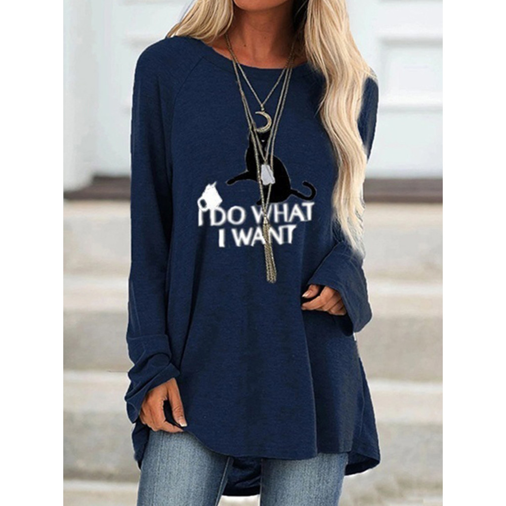 I Do What I Want Funny Cat Printed Long-Sleeve Tunic