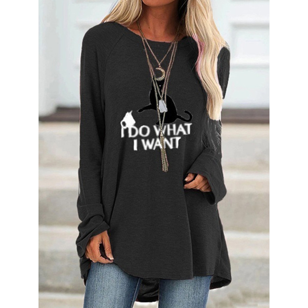I Do What I Want Funny Cat Printed Long-Sleeve Tunic