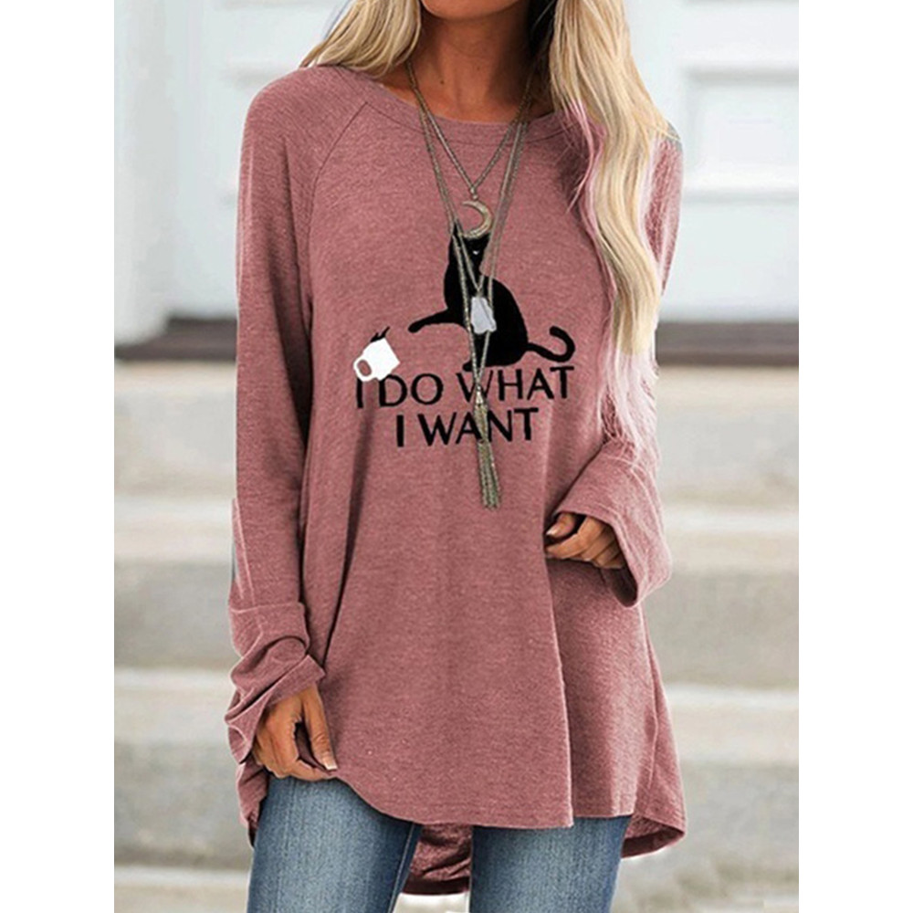 I Do What I Want Funny Cat Printed Long-Sleeve Tunic