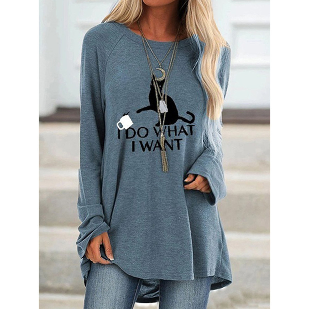 I Do What I Want Funny Cat Printed Long-Sleeve Tunic