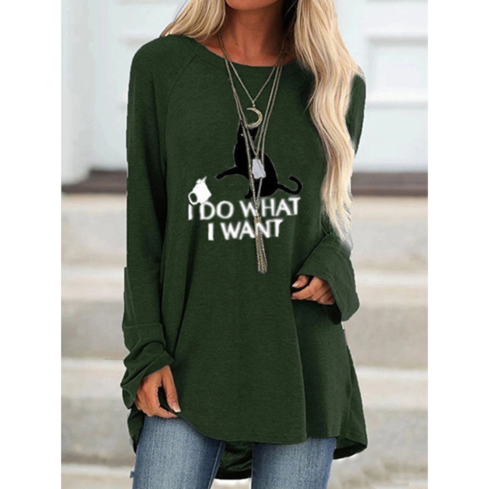 I Do What I Want Funny Cat Printed Long-Sleeve Tunic