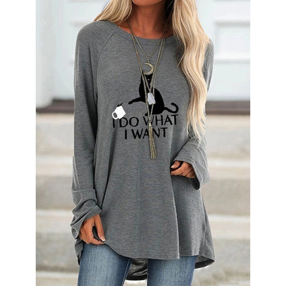 I Do What I Want Funny Cat Printed Long-Sleeve Tunic