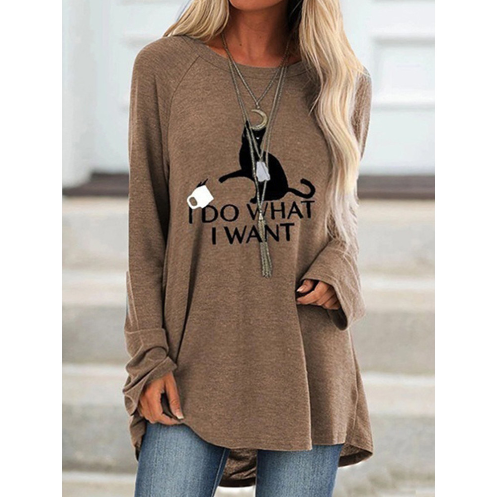 I Do What I Want Funny Cat Printed Long-Sleeve Tunic