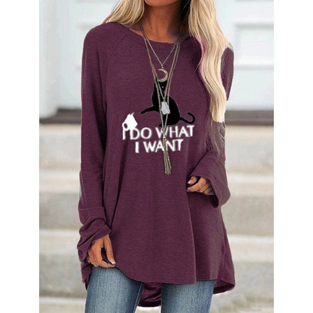 I Do What I Want Funny Cat Printed Long-Sleeve Tunic