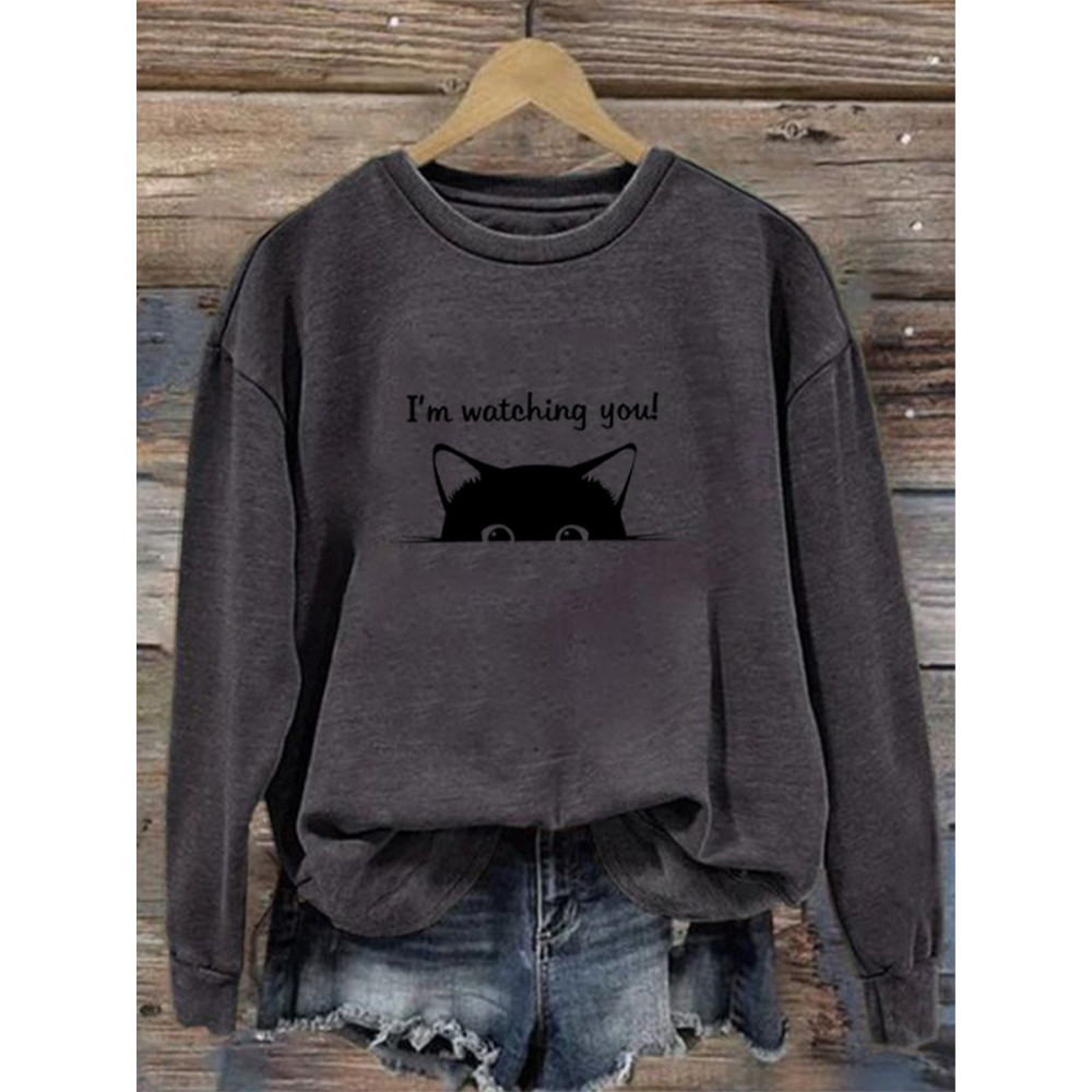 I'm Watching You! Black Cat Print Sweatshirt