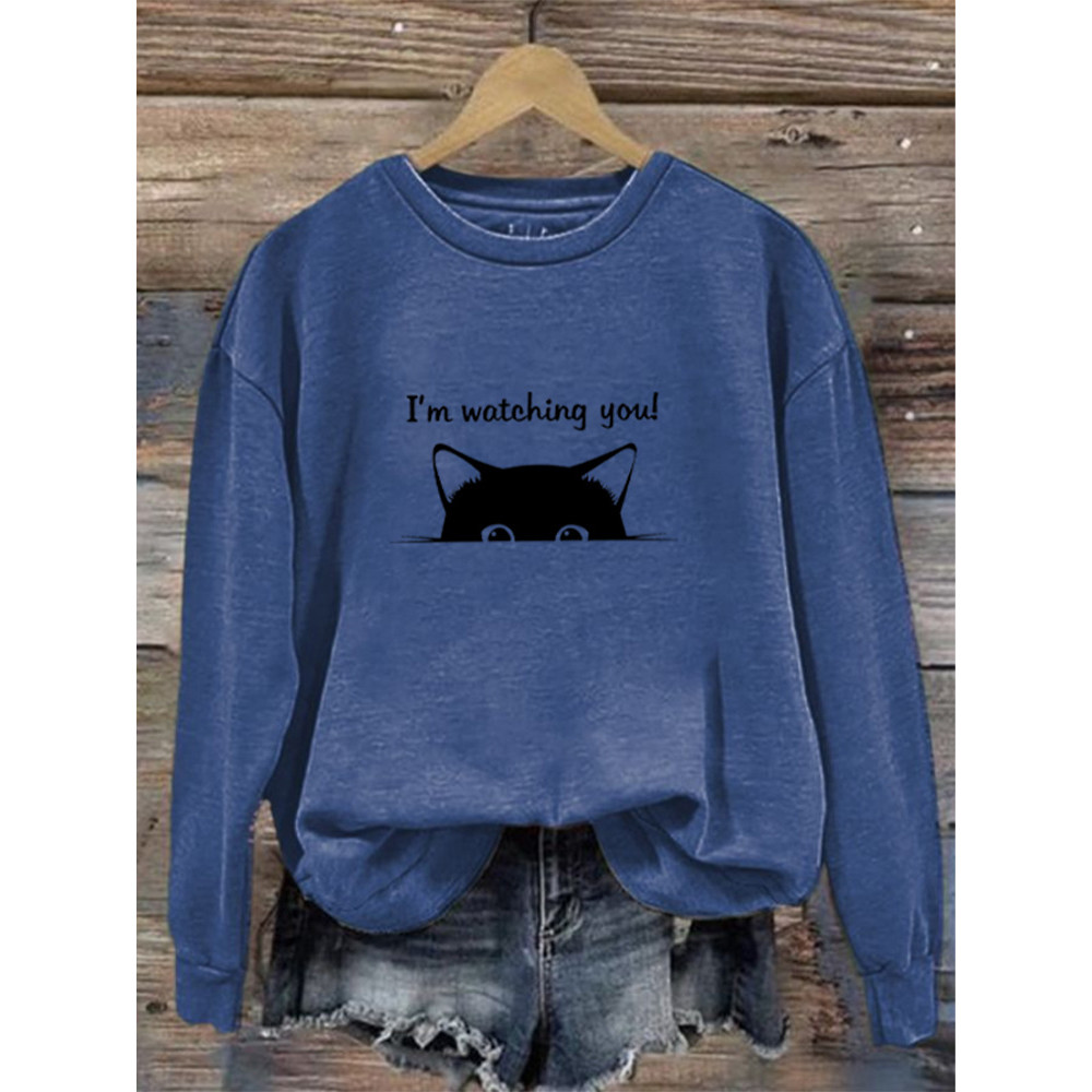 I'm Watching You! Black Cat Print Sweatshirt