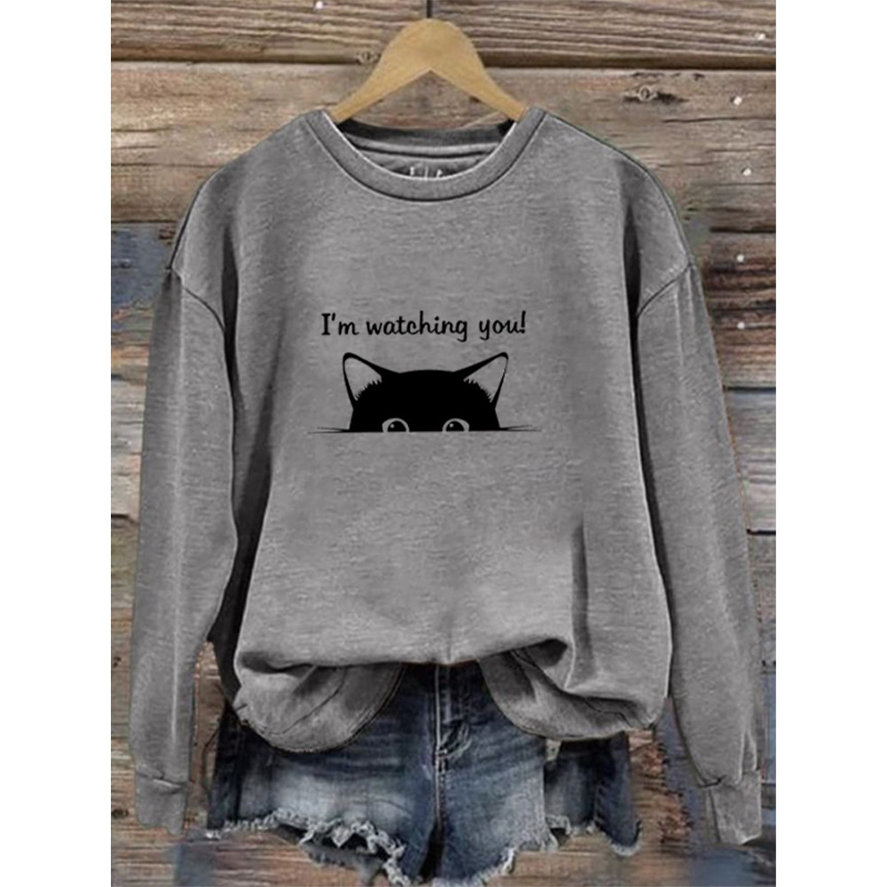 I'm Watching You! Black Cat Print Sweatshirt