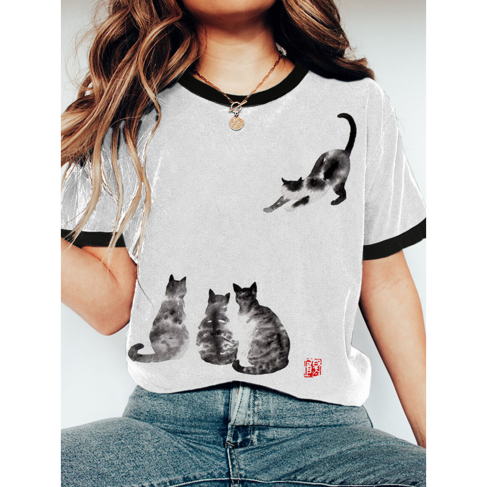 Ink Cat Print Women's Short Sleeve T-Shirt