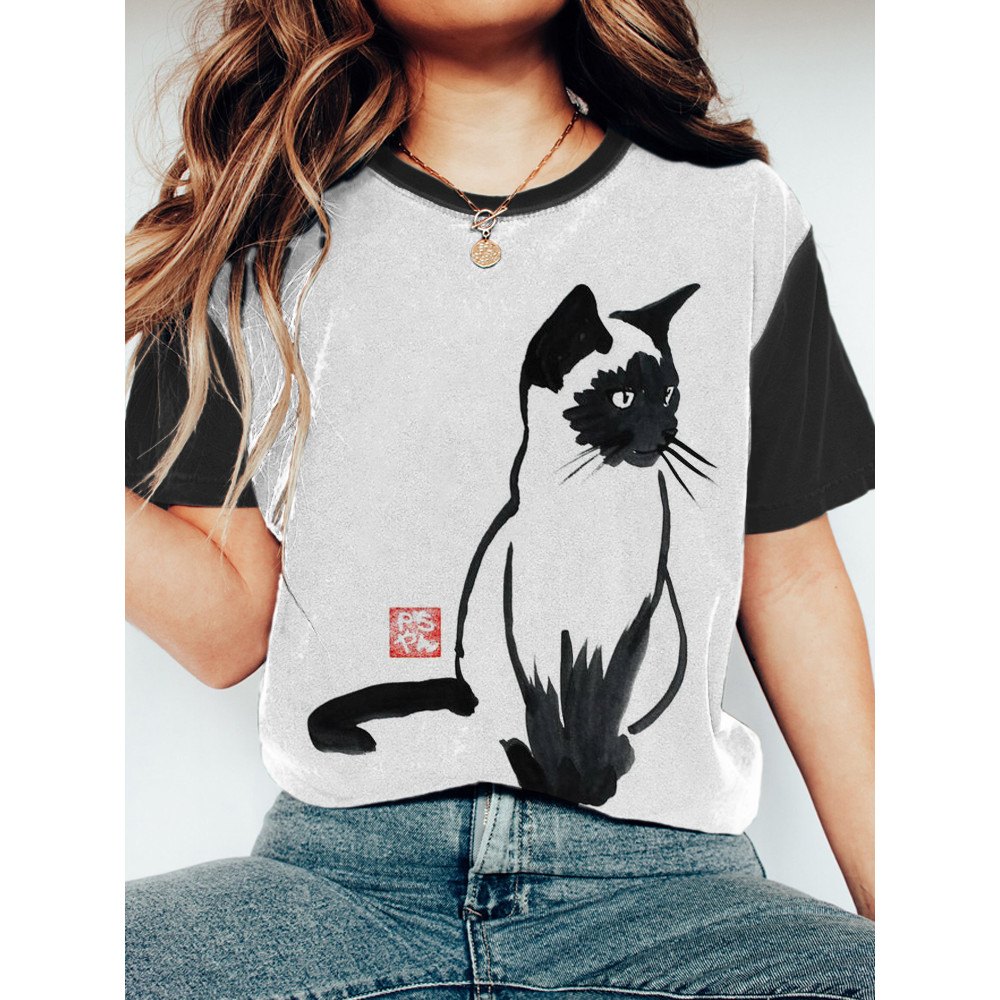 Ink Cat Print Women's Short Sleeve T-Shirt